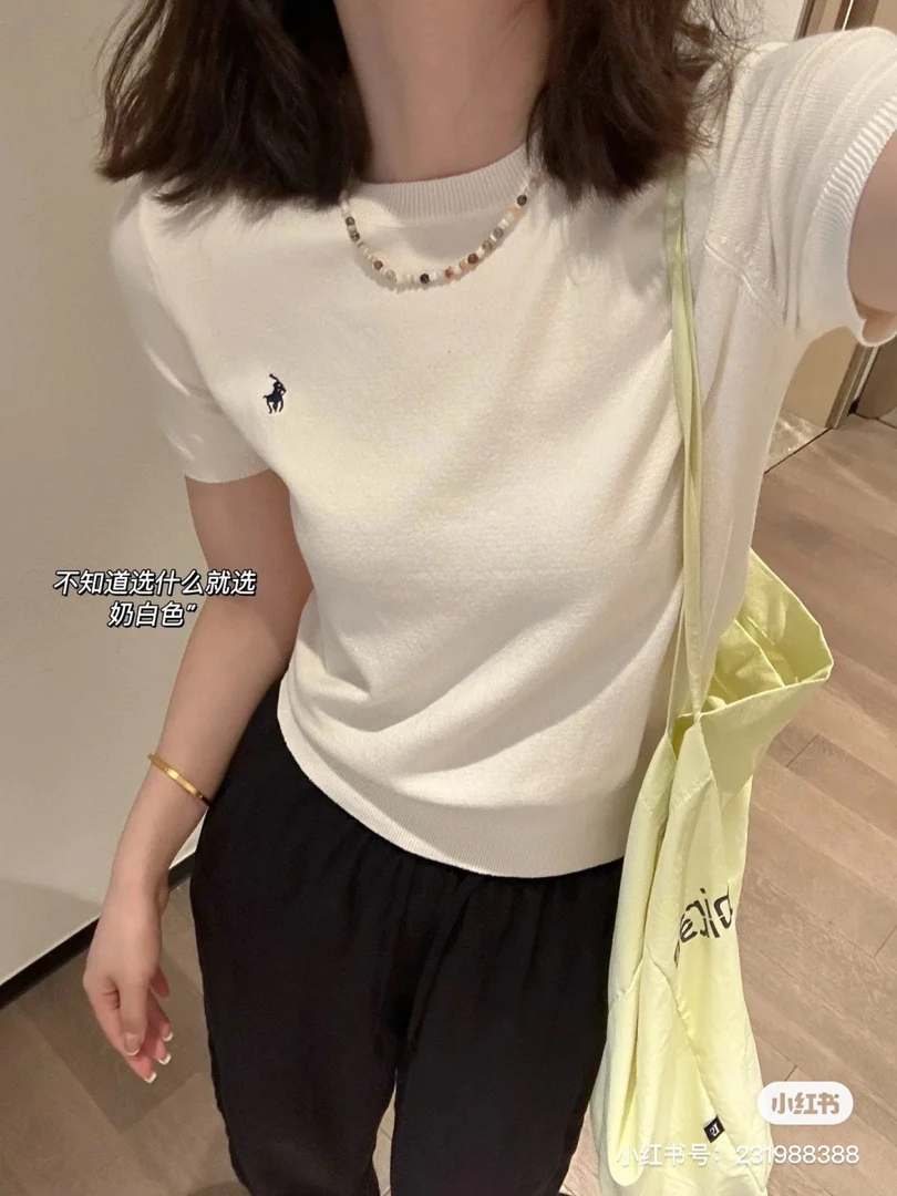 Nanyou夏季圆领短袖刺绣小马ins百搭设计感袖型短款毛针织衫女装