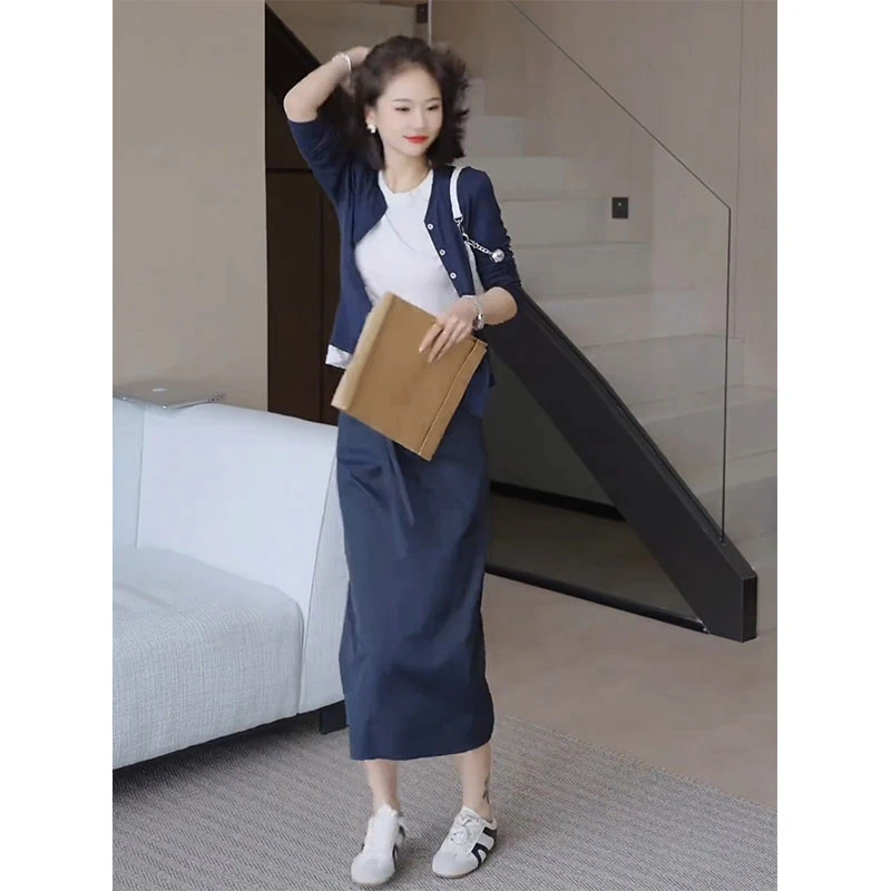 2025秋季假两件圆领长袖开衫上衣高腰半身裙韩系温柔御姐两件套装