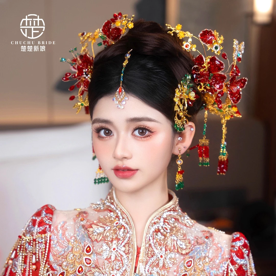 2025新款中式婚礼秀禾头饰红色新中式秀禾新娘简约高端大气头饰