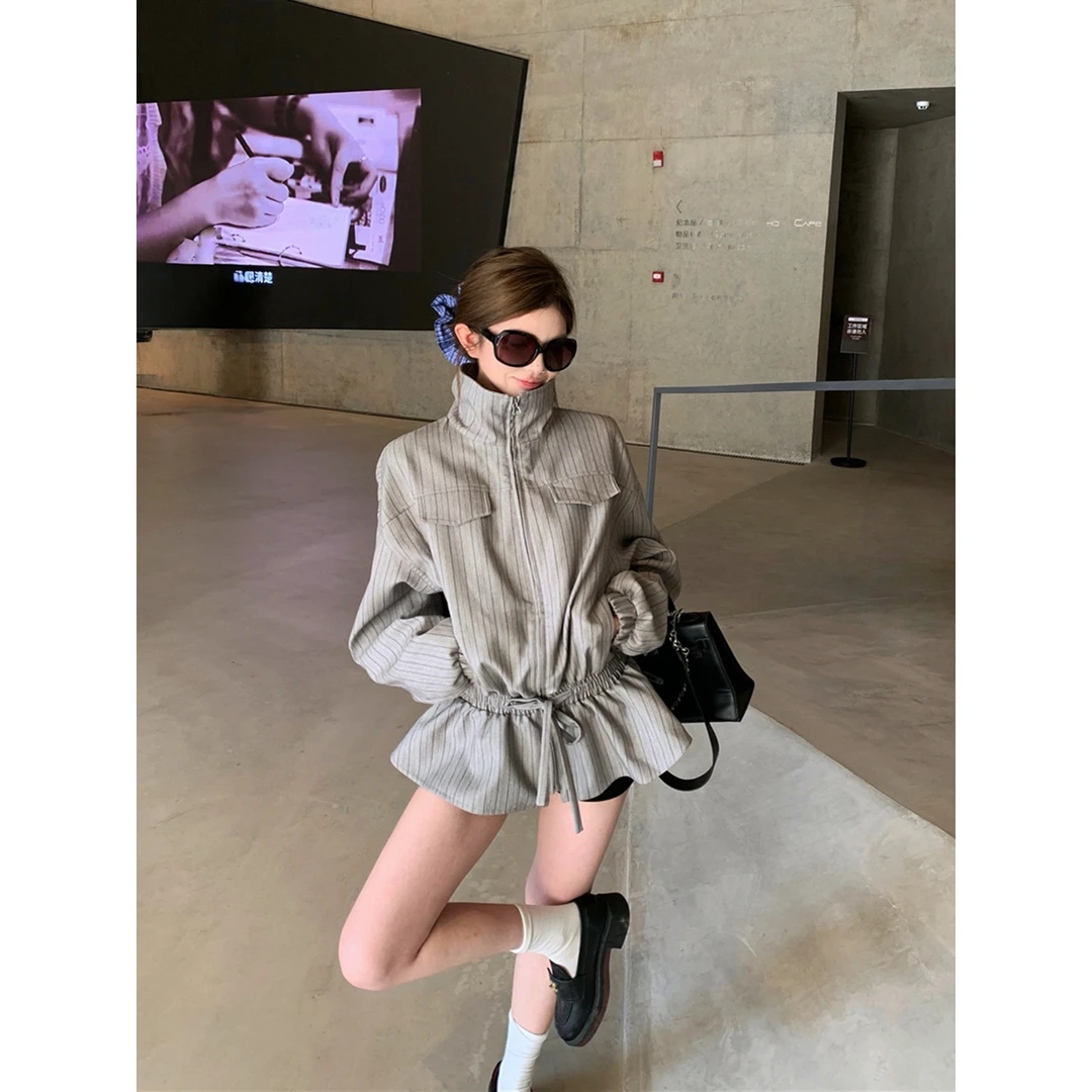 条纹抽绳长袖风衣女时尚百搭高级设计感修身显瘦简约绝美别致上衣