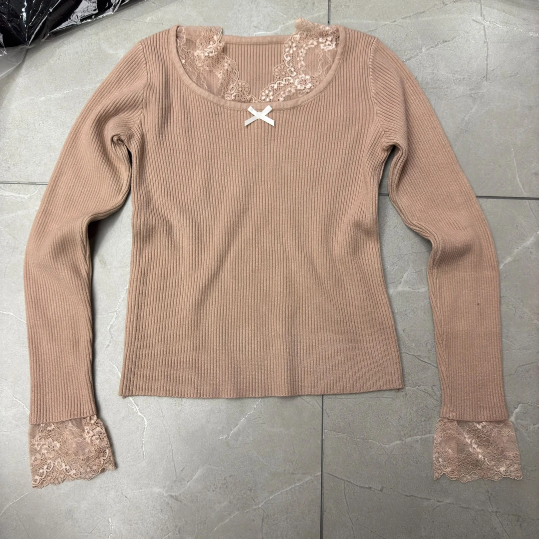 香香老板娘定制领口蝴蝶结蕾丝边针织#3255