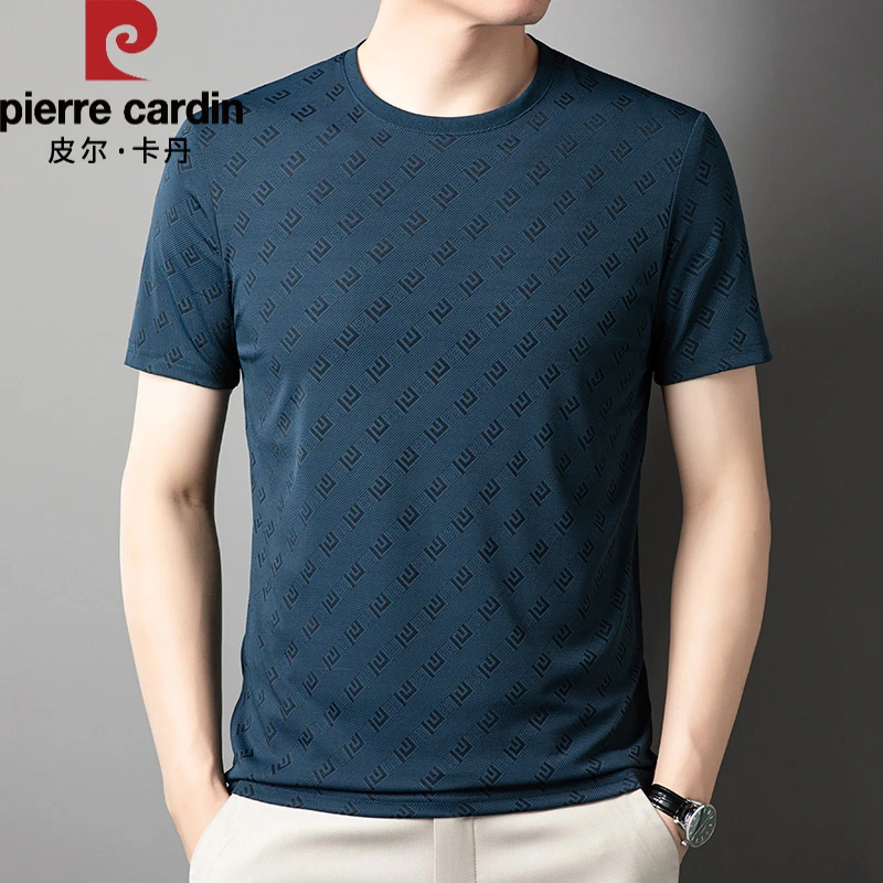 皮尔卡丹正品夏季冰丝提花圆领短袖T恤男士夏装薄款休闲半袖上衣