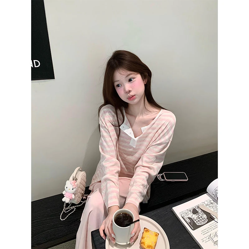 2025秋季新款辣妹风条纹宽松打底衫长袖T恤高腰百搭半身裙两件套