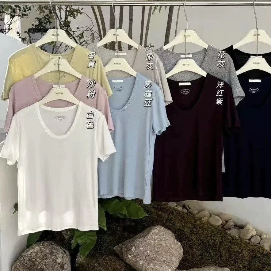 面膜t 韩版简约百搭短袖垂感T恤女2025夏新款透气U领上衣