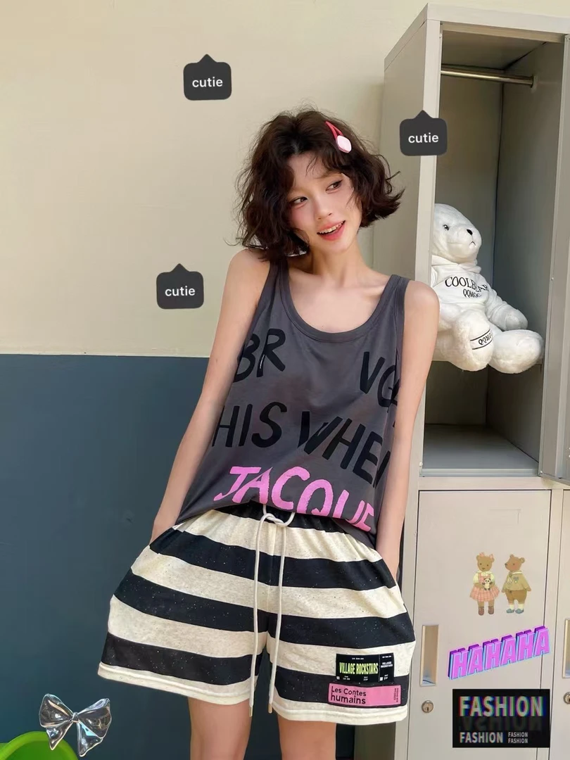 小熊家新款时尚百搭宽松无袖字母背心套装7619