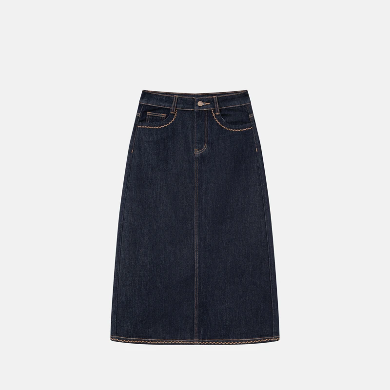 2025秋季美拉德绣花高腰显瘦A版修身防褪色丹宁蓝牛仔中长裙81-83