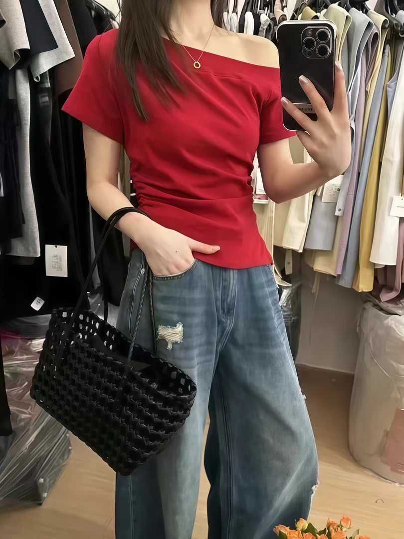 E念2888斜肩一字领短袖T恤女夏季辣妹纯欲性感收腰显瘦上衣ins潮