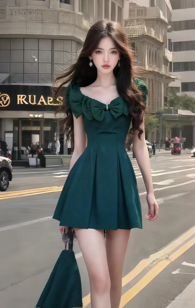 夏季新款温柔知性风绿色低领收腰连衣裙女优雅小众时尚高级氛围感