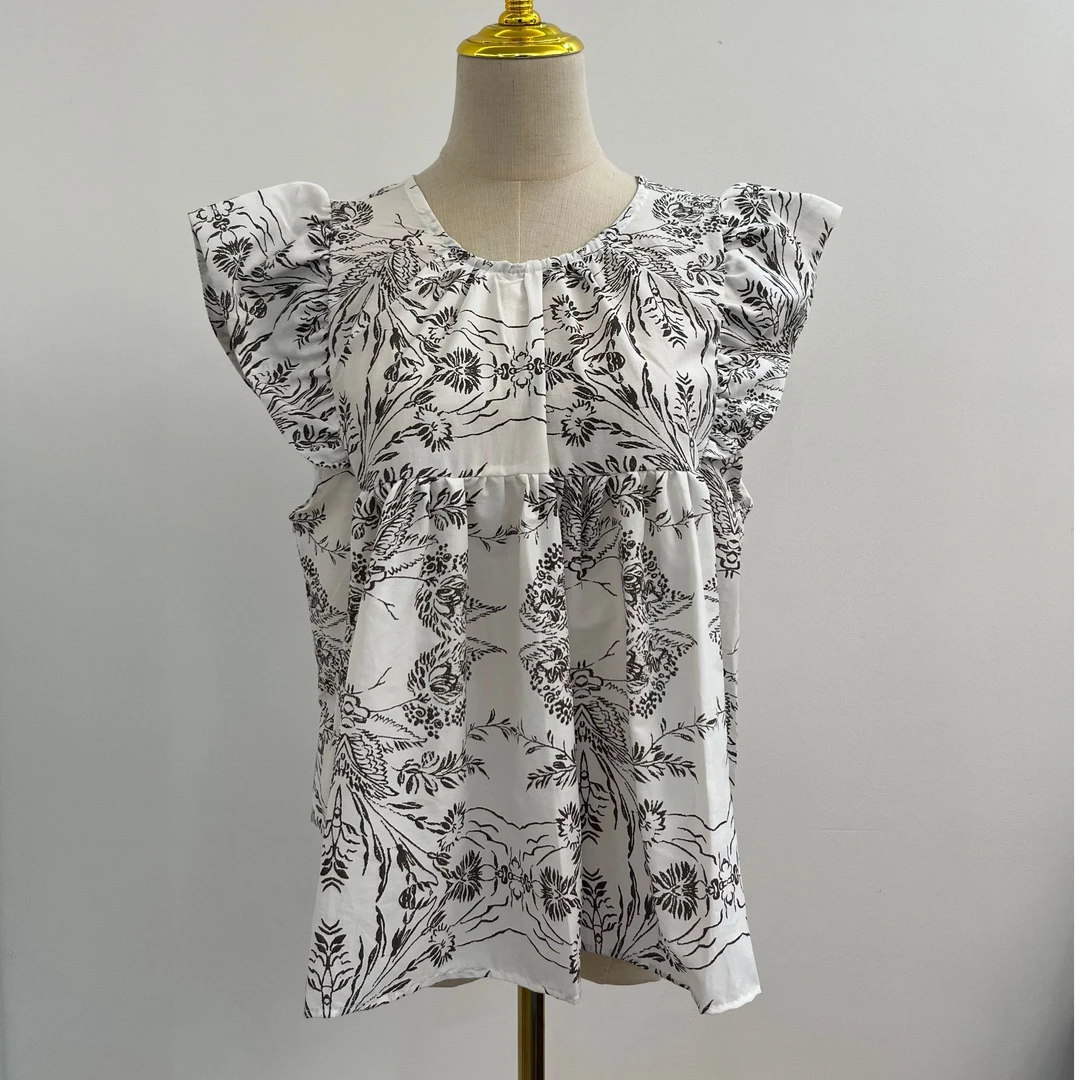 1042#2025新款女装碎花短袖衬衫白色上衣女绑带韩版宽松减龄小衫