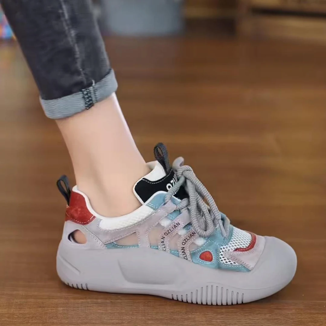 2025夏季新款网面鞋子女4cm透气复古风厚底百搭休闲运动跑步鞋子