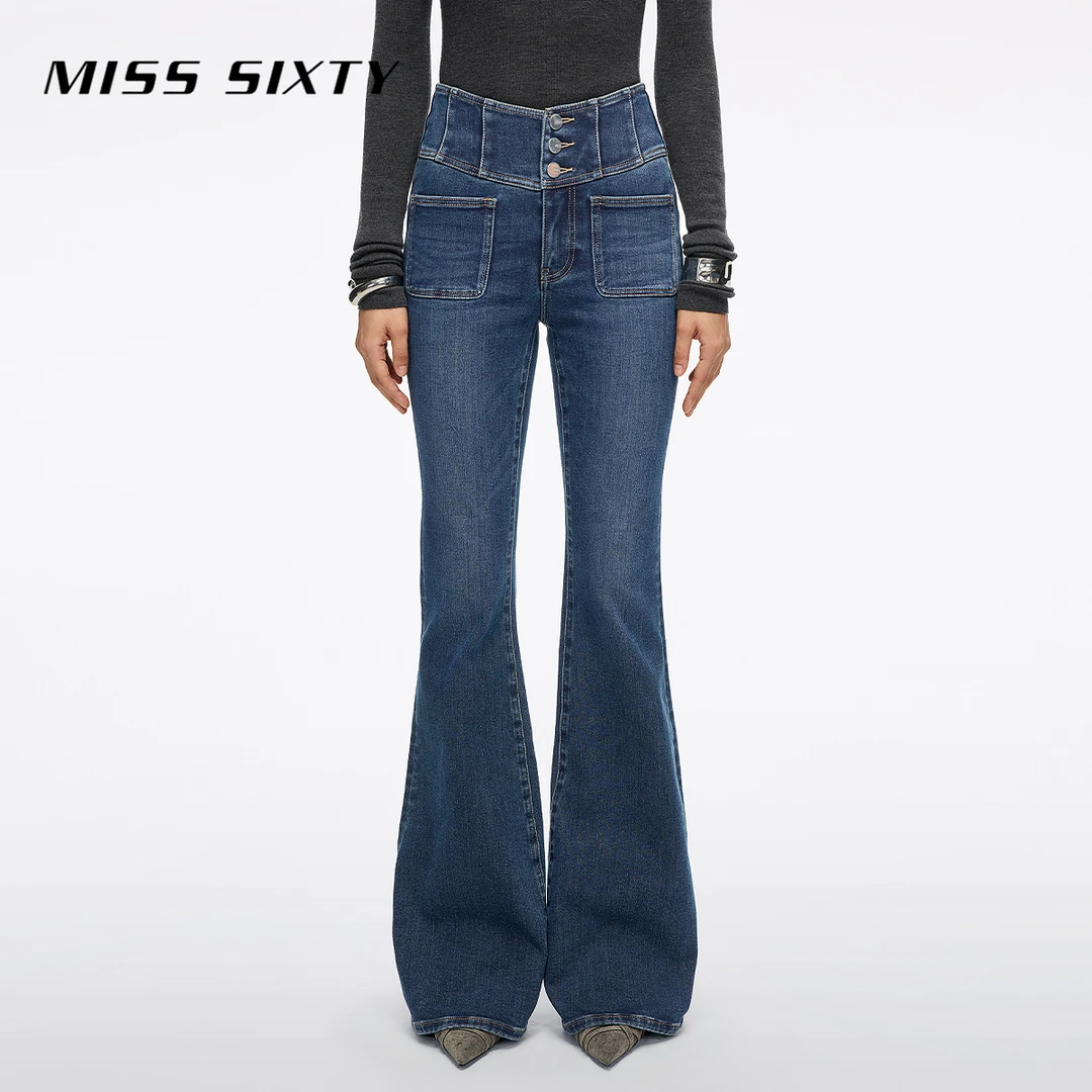 Miss Sixty2025冬季新款牛仔裤女三环高腰含羊驼毛修身显瘦喇叭裤
