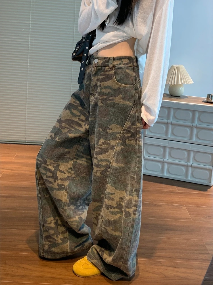 美式街头复古牛仔裤女2025新款水洗做旧迷彩阔腿工装裤宽松弯刀裤