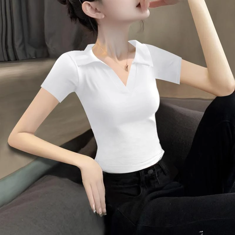 2025新款夏季polo领正肩黑色高级感短袖T恤打底衫基础螺纹上衣服