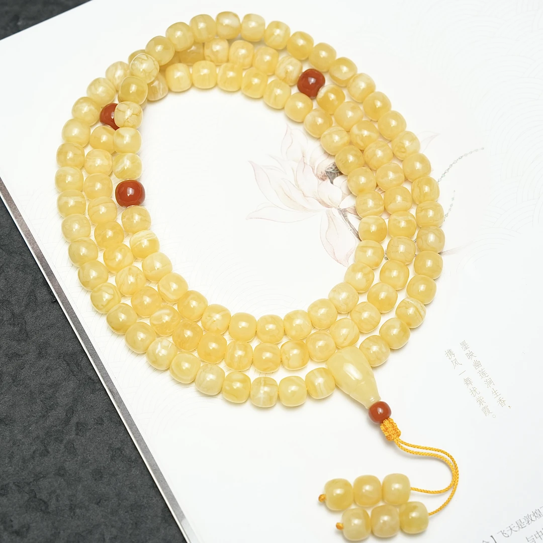 蜜蜡老型108佛珠8/9+mm俄料浓蜡黄白花蜡天然原矿无优化男女精选