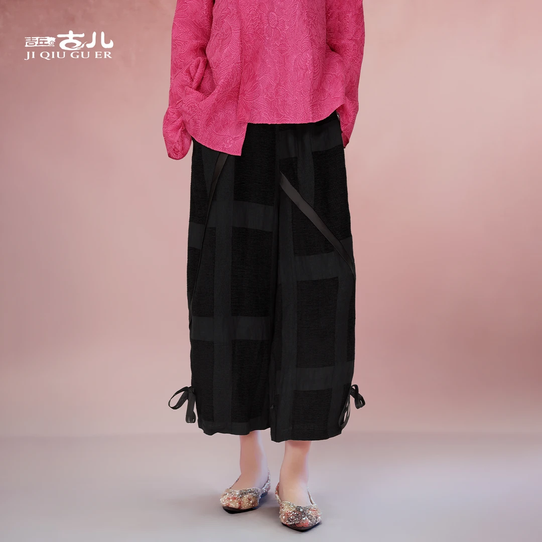 吉丘古儿戈影国风新中式提花阔腿裤休闲宽松人丝棉麻混纺G251K505