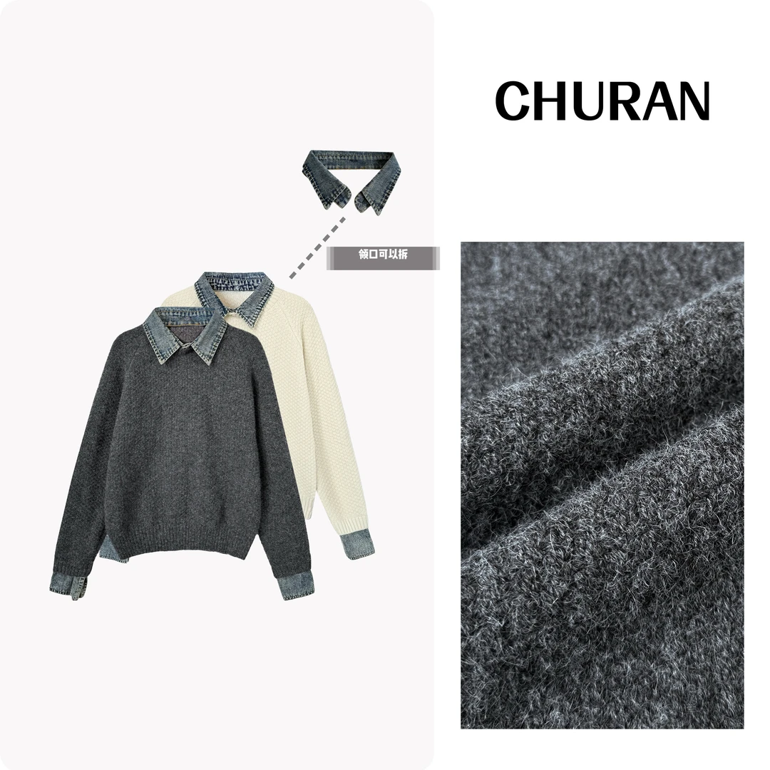 秋冬新款羊毛假两件套头毛衣牛仔衬衫领拼接时髦潮流女上衣6014