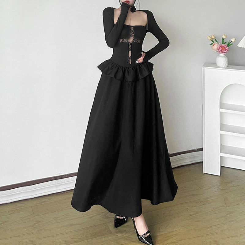 欧美风秋季新款女装纯色长袖开衫时尚抹胸连衣裙两件套女气质高腰