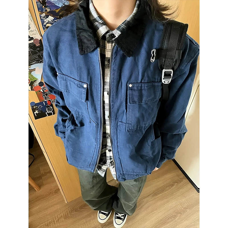 蓝色底特律工装夹克男款秋季美式高街重磅上衣cleanfit哈灵顿外套