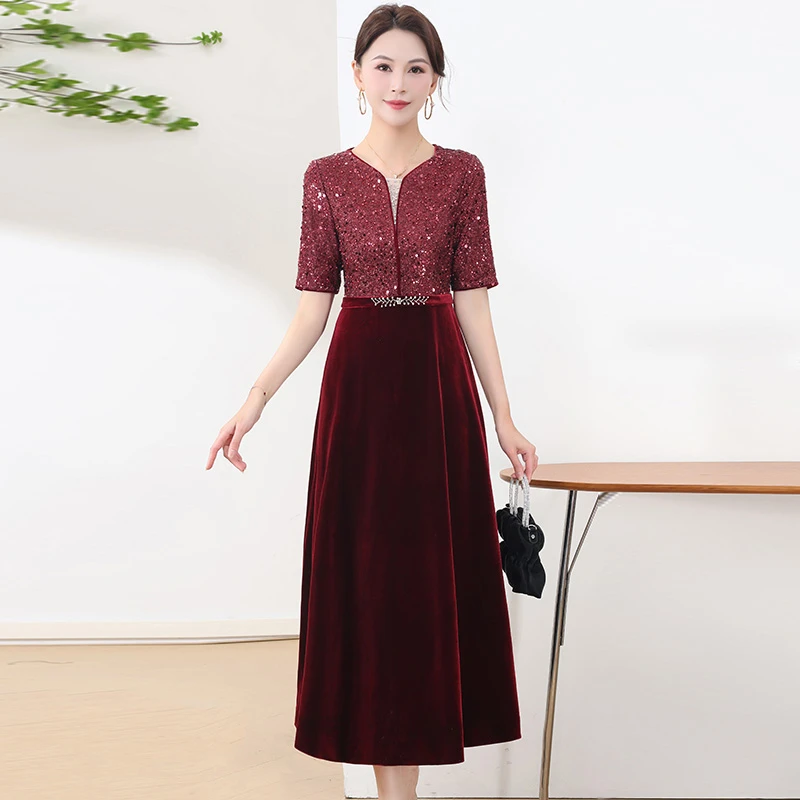 连衣裙女气质百搭婚宴妈妈裙子显瘦高贵中老年夏季结婚新娘酒红色