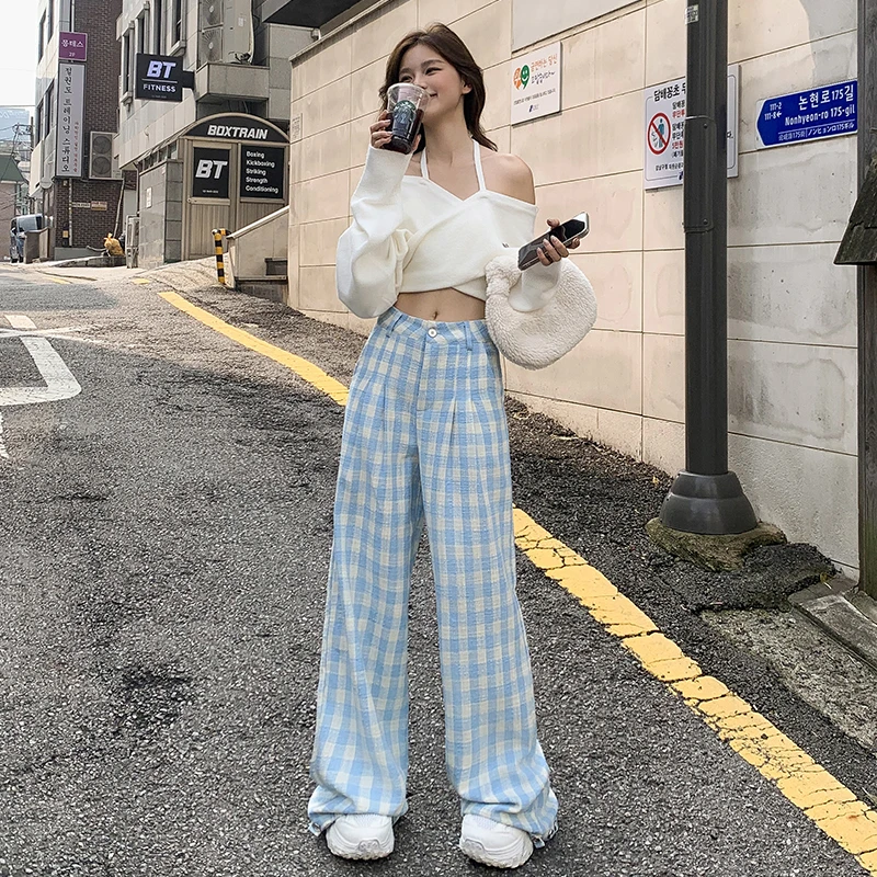 拾籍春季奶蓝白色格子休闲裤女2025年日韩新款百搭宽松休闲阔腿裤