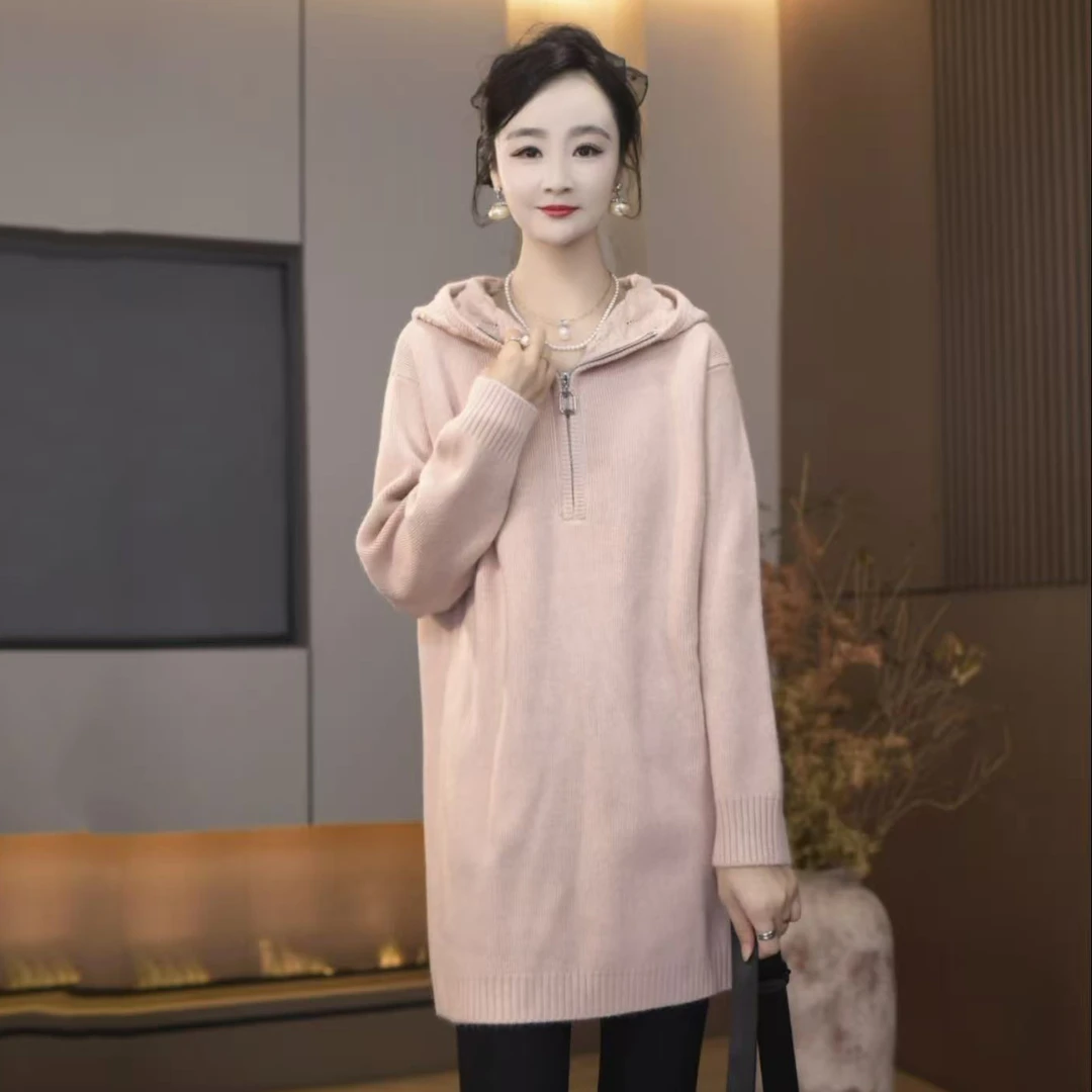 A-211310秋冬新款欧货针织宽松连帽中长款慵懒毛衣外搭女装