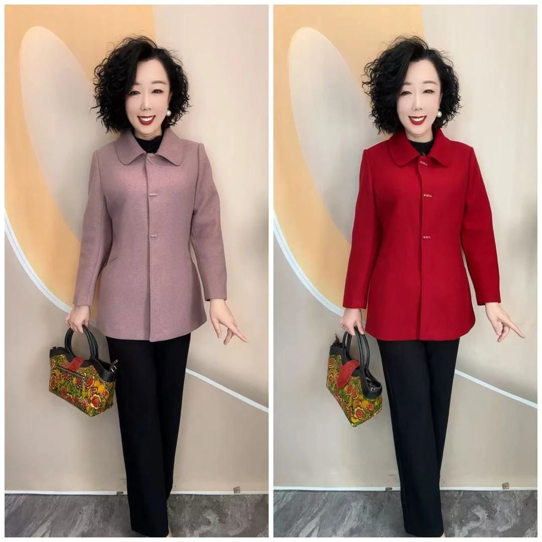 2526新款优雅女人妈妈装纯色加衬宽松大码毛呢外套，73衣长