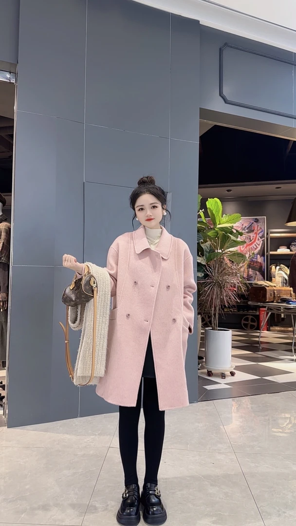 24025新款双排扣羊绒大衣中长款气质时尚设计师