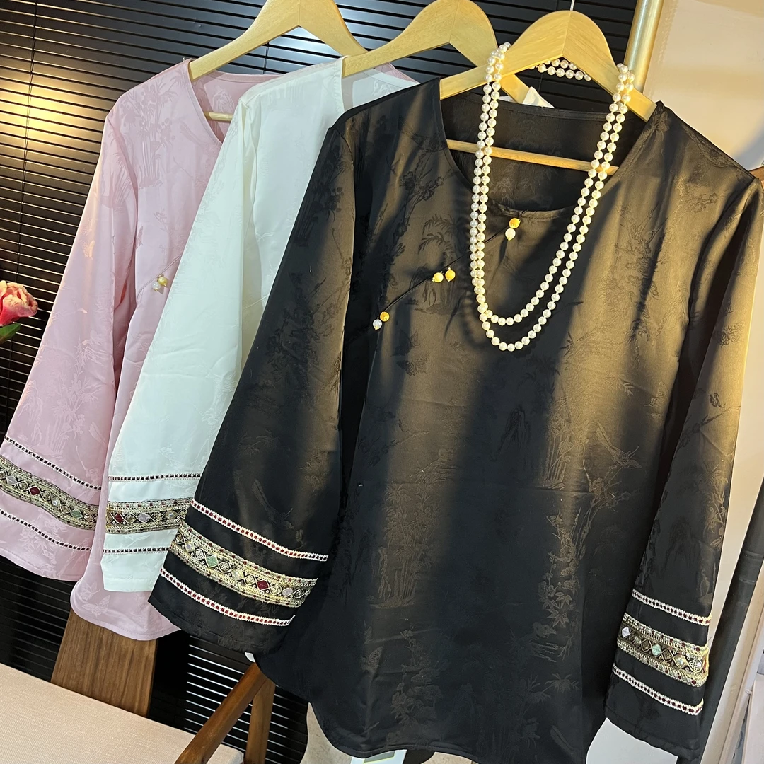 猫家YZM新中式国风提花圆领斜襟气质百搭打底上衣6619