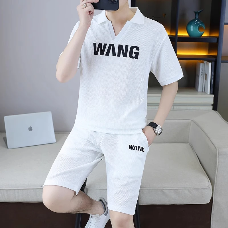 高级感冰丝薄款男士夏季套装宽松休闲运动短袖polo衫短裤搭配一套