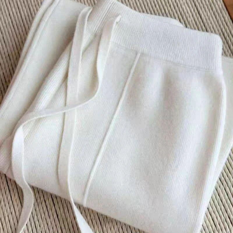 秋冬加厚100%精纺针织羊气毛阔腿裤女白色软糯直筒拖地云朵裤长裤