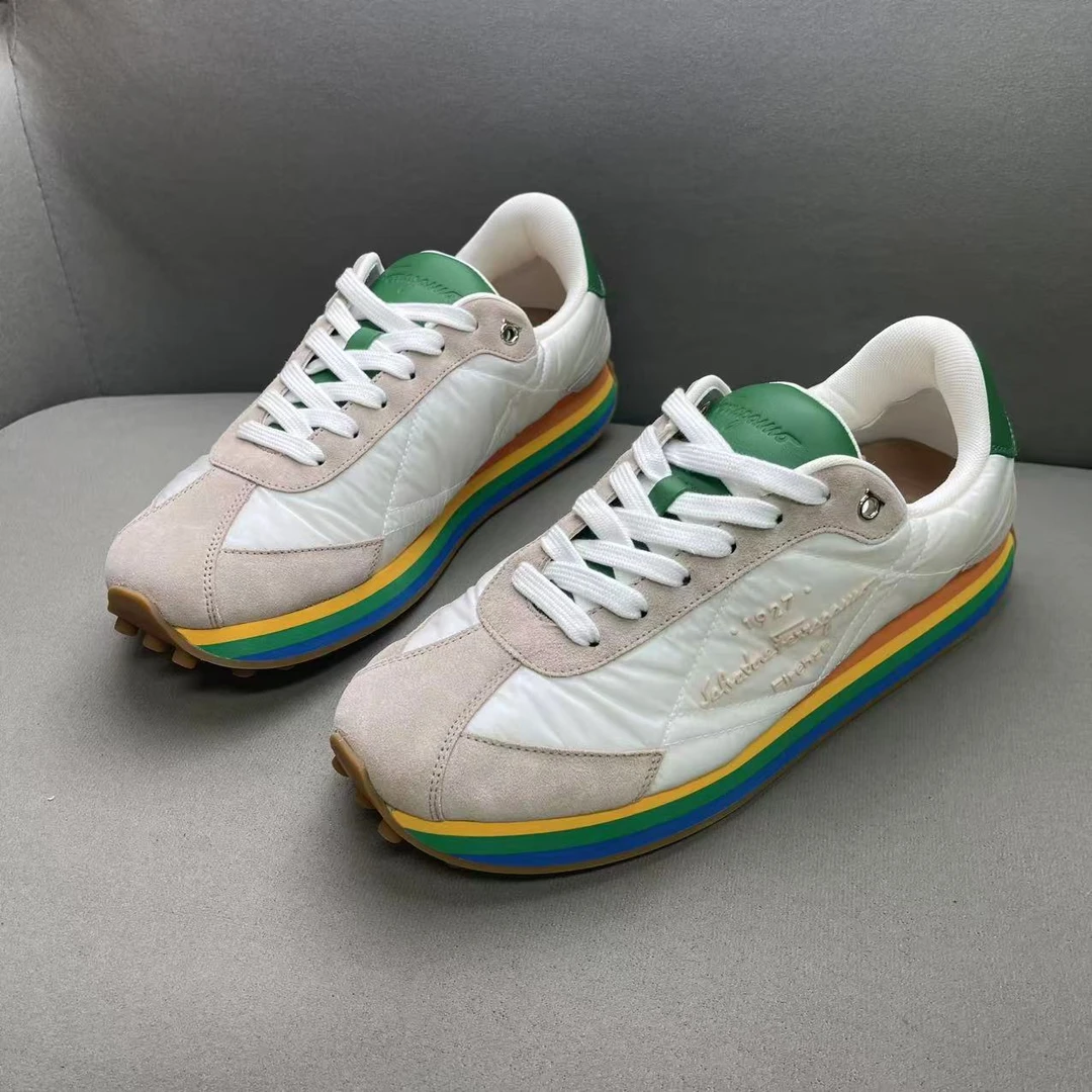 未使用 FERRAGAMO/菲拉格慕 白粉绿皮革尼龙运动鞋 多尺码/全新