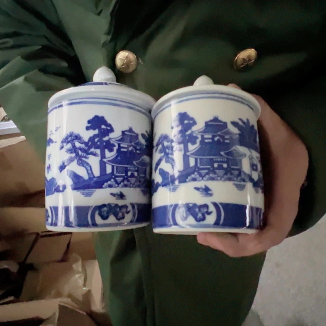 瓷景德镇高温陶瓷青花梧桐办公杯2只