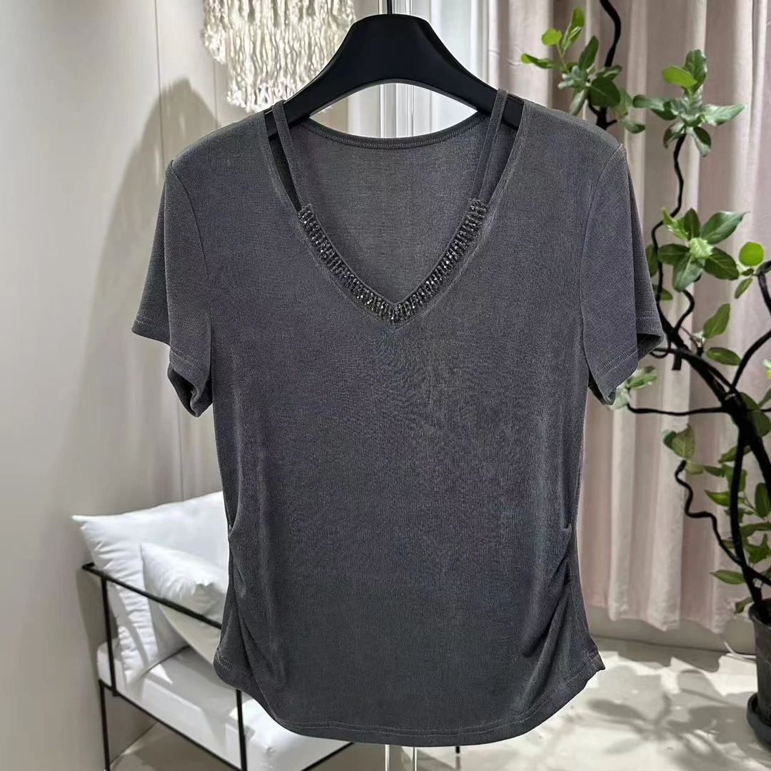 2025新款韩系女装钻V领正肩短袖T恤女夏季显瘦褶皱设计感上衣