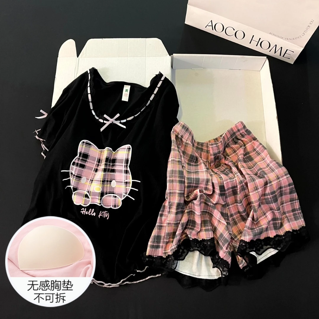 短袖睡衣女士夏季网红风带胸垫2025新款凉感粉格猫家居服夏天套装