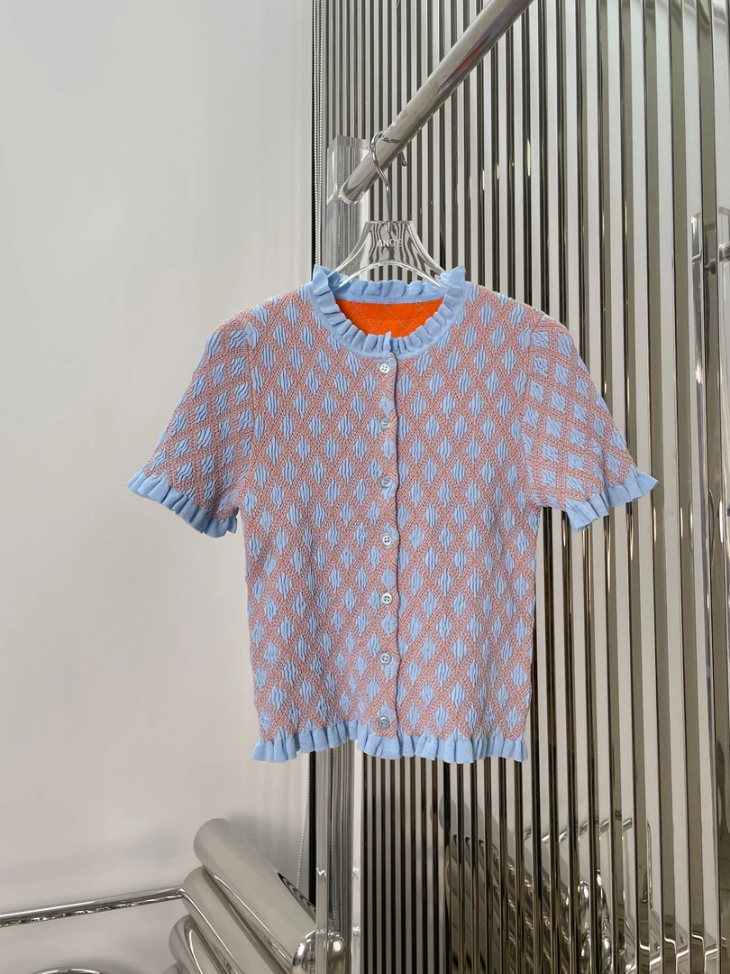 三角标菱格针织开衫 时尚圆领花边上衣