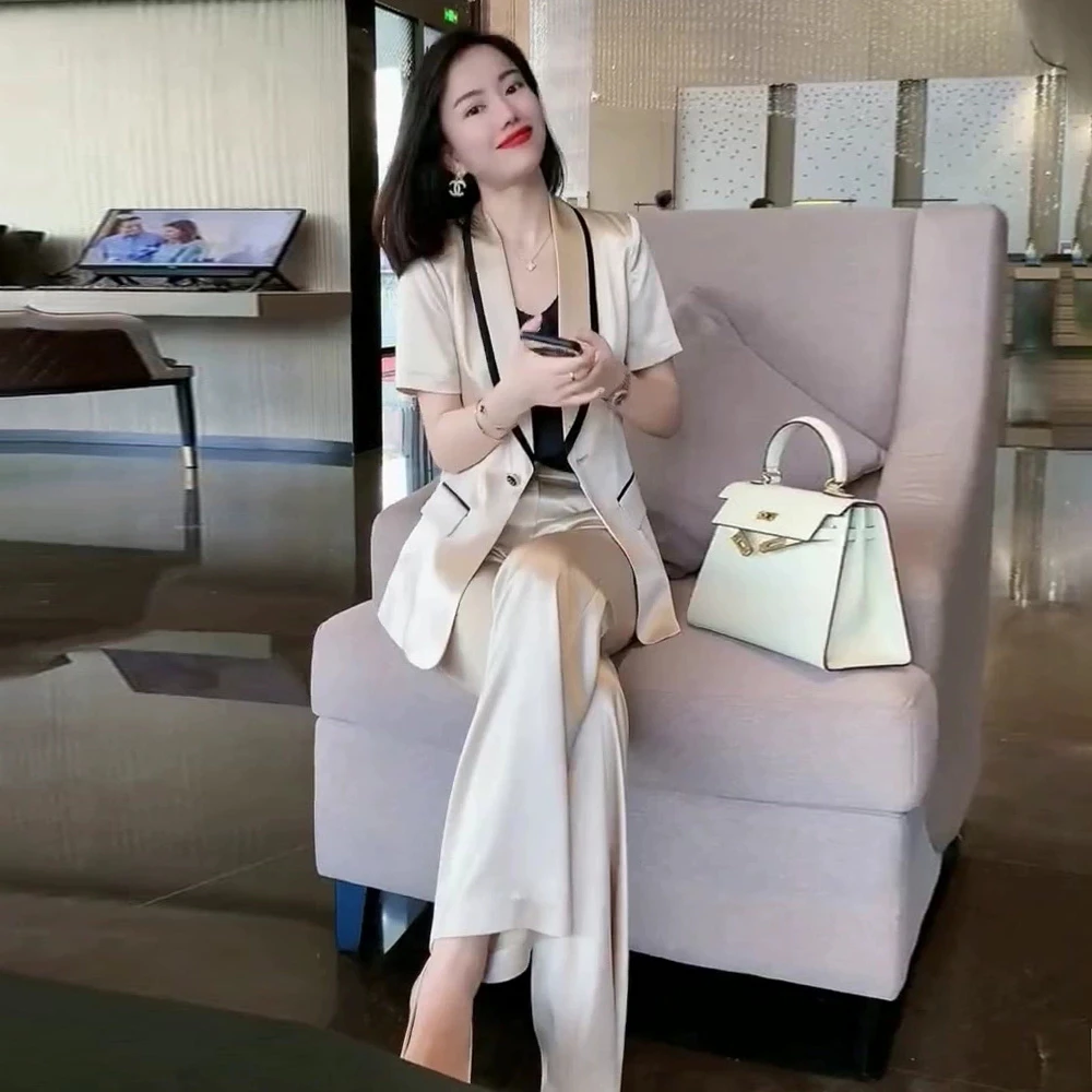 2025夏季新款高端气质醋酸缎职业西装套装女阔腿裤两件套短袖薄