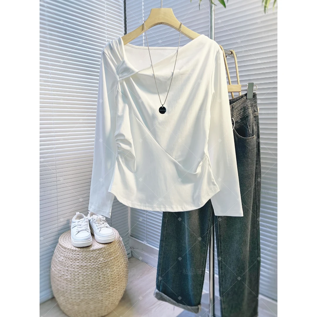 私品味秋季白色t恤洋气百搭捏褶打底纯欲慵懒风长袖上衣女装T7998