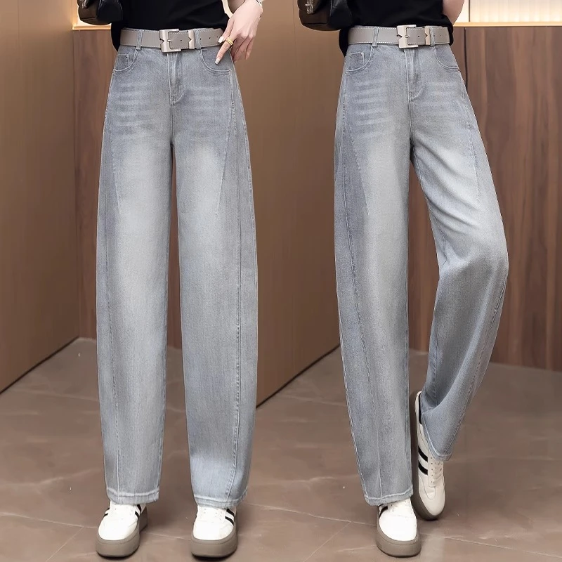 雾霾灰窄版牛仔弯刀裤女2025夏季新款高腰显瘦香蕉裤百搭直筒裤子