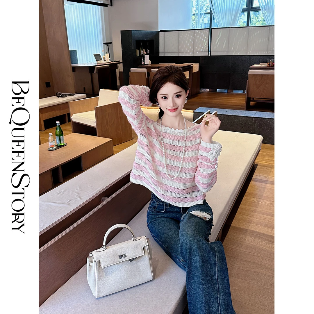 【条纹美术馆】重工设计感精致钩花一字领条纹毛衣