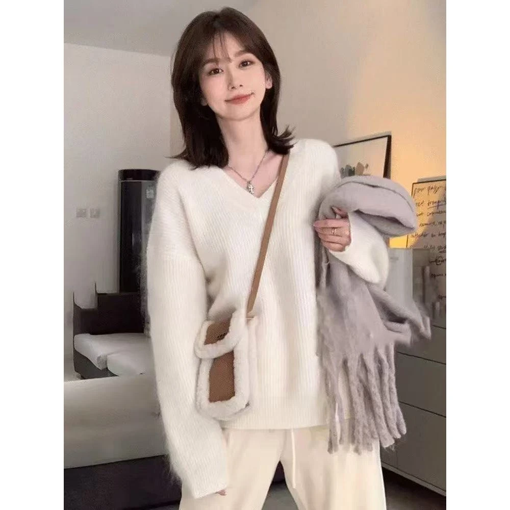 新款纯色秋冬季宽松高级2024套头慵懒秋冬毛衣针织衫上衣女装