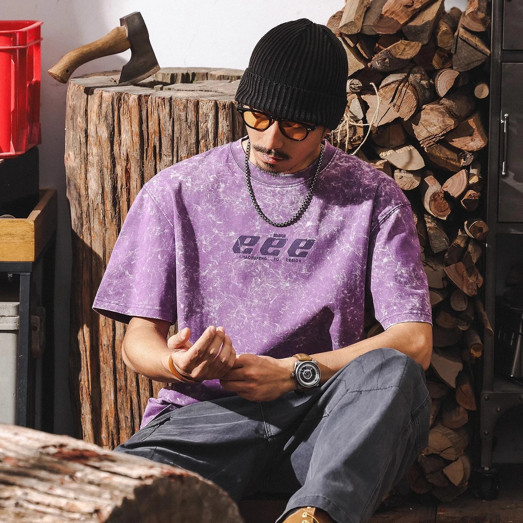 美式复古260g重磅纯棉t恤短袖男夏季潮牌宽松紫色多巴胺男士上衣