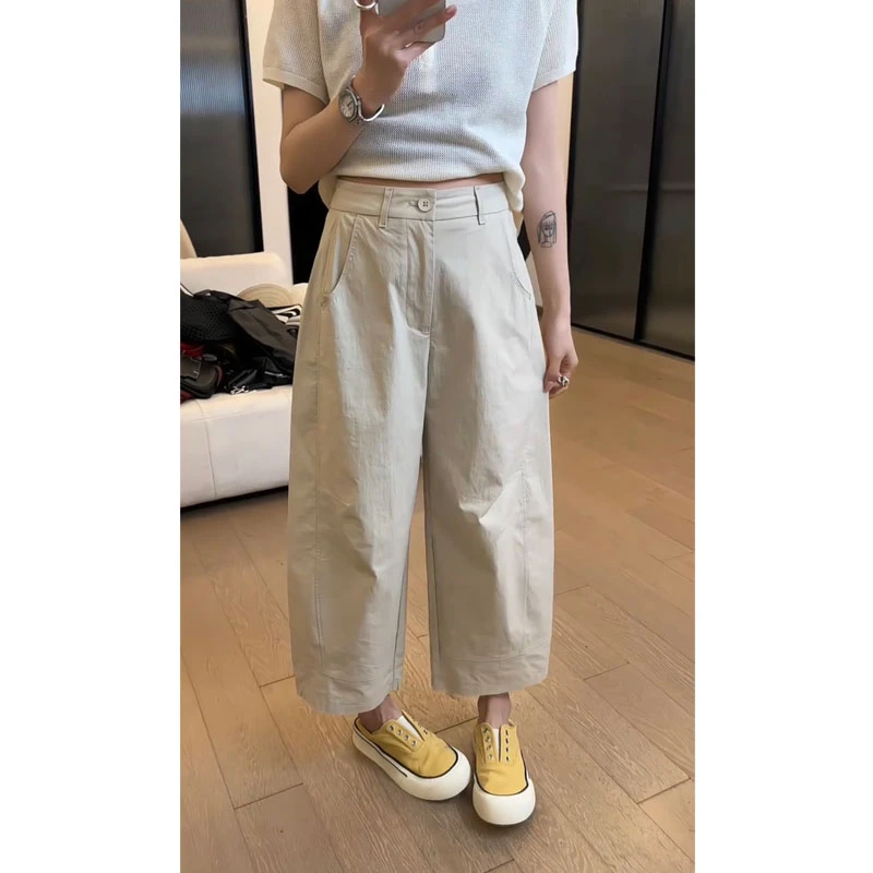 艾塔莉薄款九分裤无弹力萝卜裤休闲裤阔腿裤直筒百搭高腰纯色显瘦