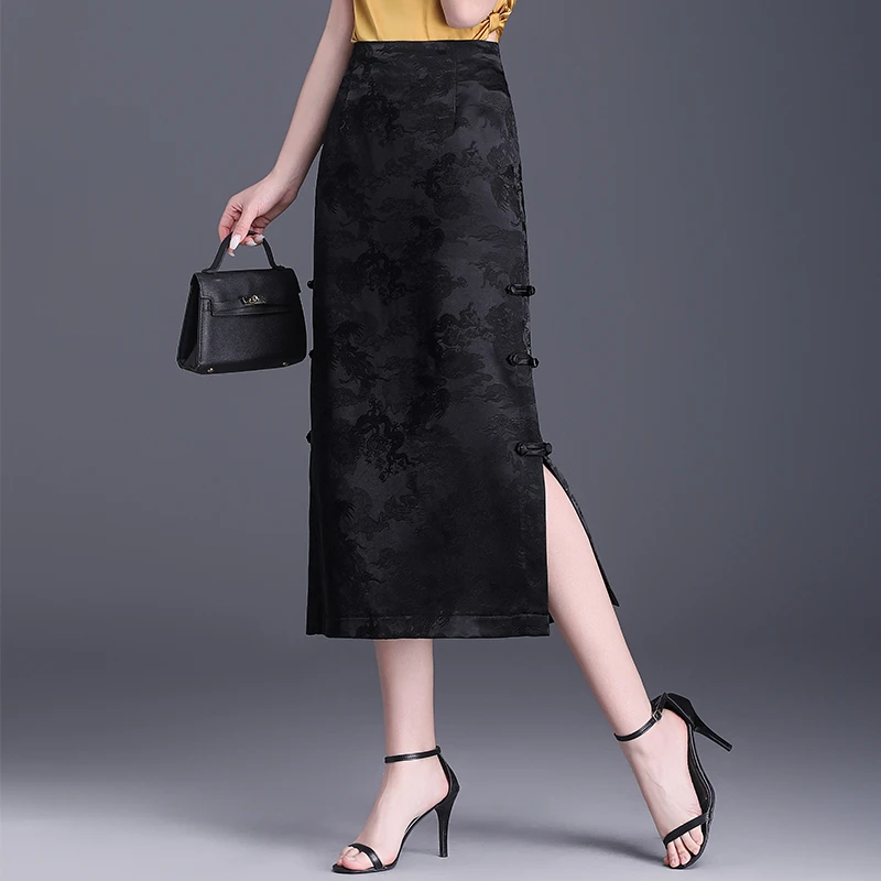 新中式国风提花开叉半身裙复古直筒裙女裙子2025夏季新款包臀裙