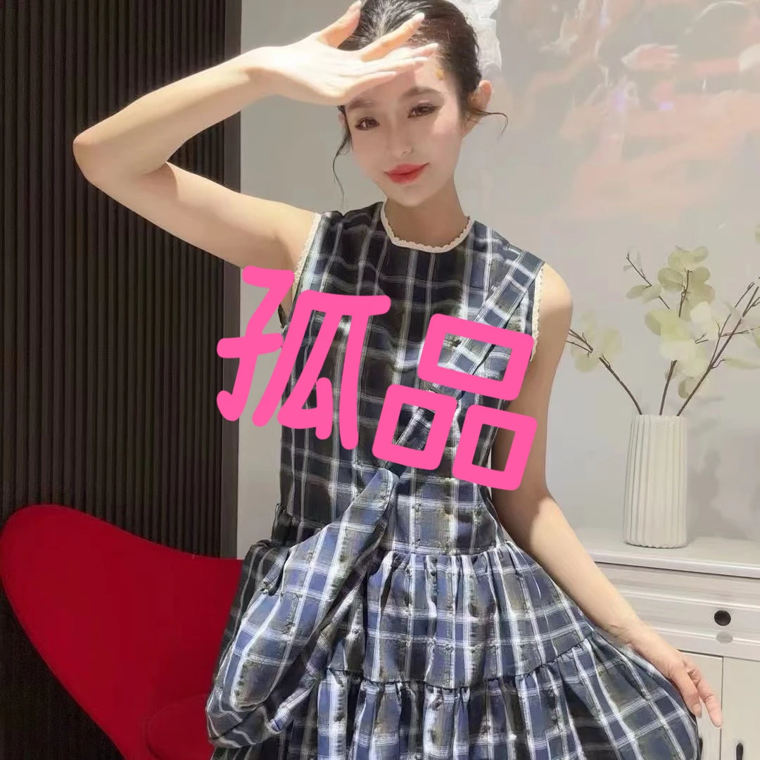 大码网红爆款褶皱百褶显瘦旗袍蓝色格子背心裙时尚无袖圆领连衣裙