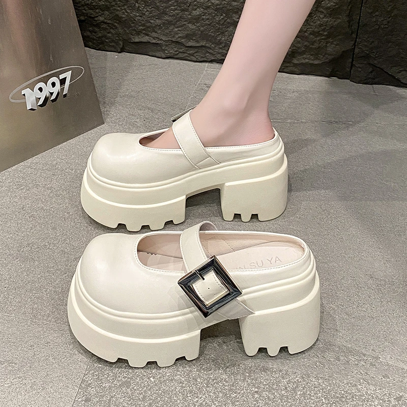 高跟玛丽珍包头半拖鞋女外穿2025新款春懒人厚底增高英伦风乐福鞋