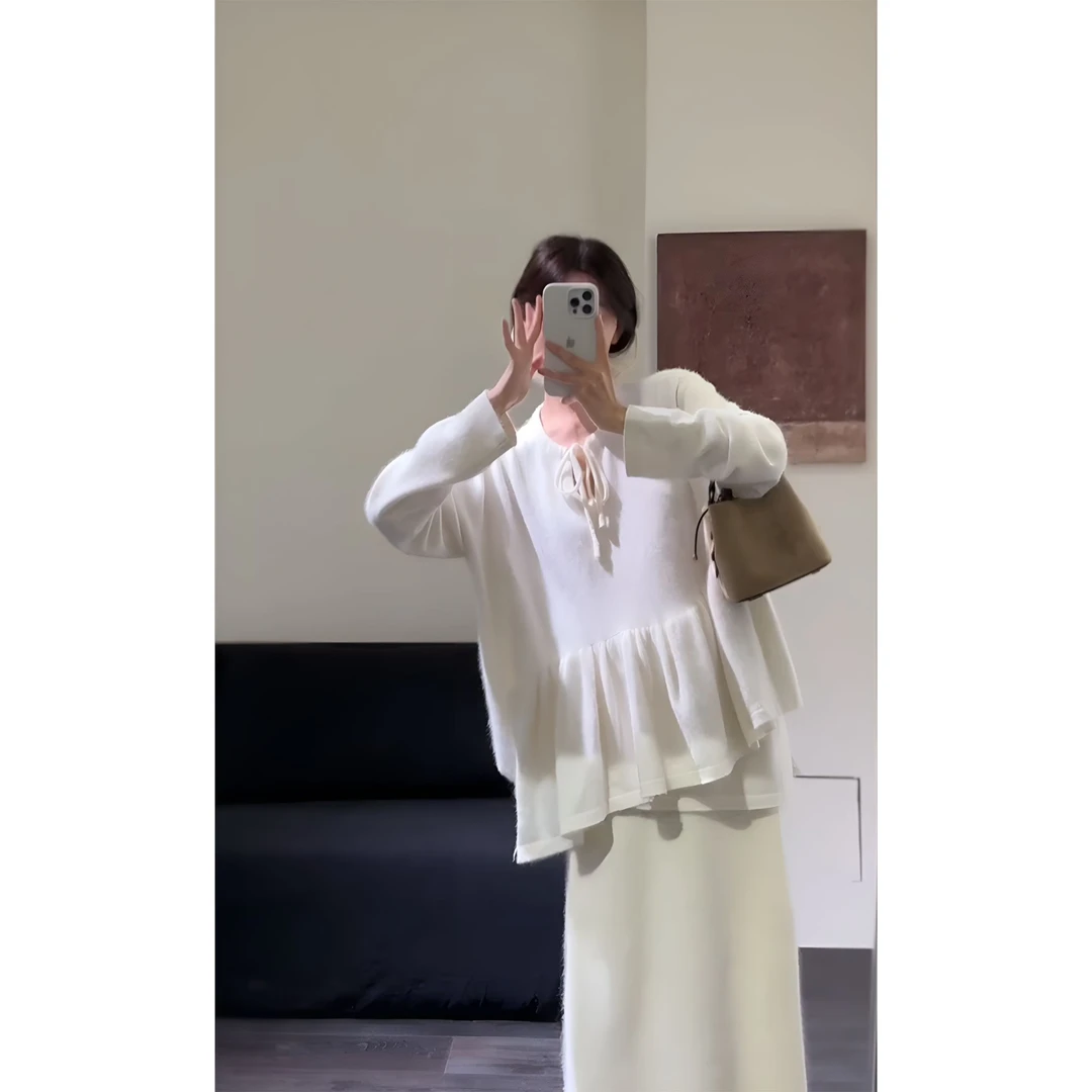 parkyeon法式温柔淑女气质荷叶边针织衫毛衣上衣半身裙秋季套装
