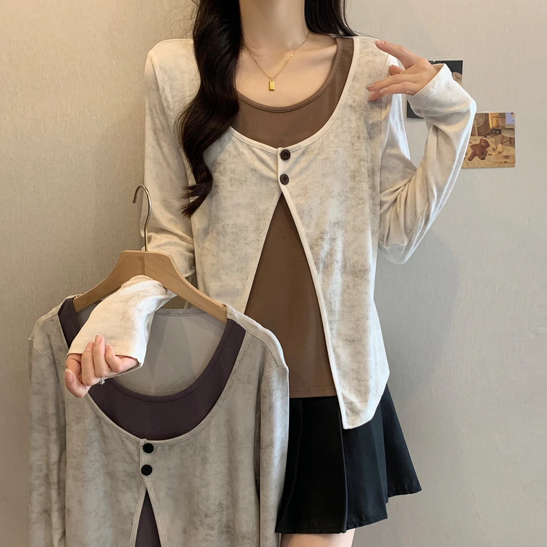 2025春装新款胖mm大码拼接假两件炒色T恤设计感小众内搭上衣