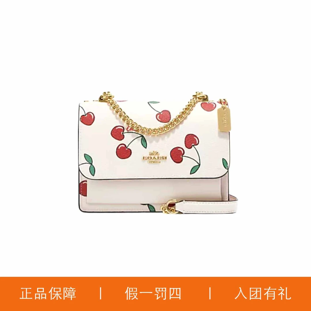 95新 COACH/蔻驰 蔻驰白色樱桃印花风琴包/A7364/18X13X5
