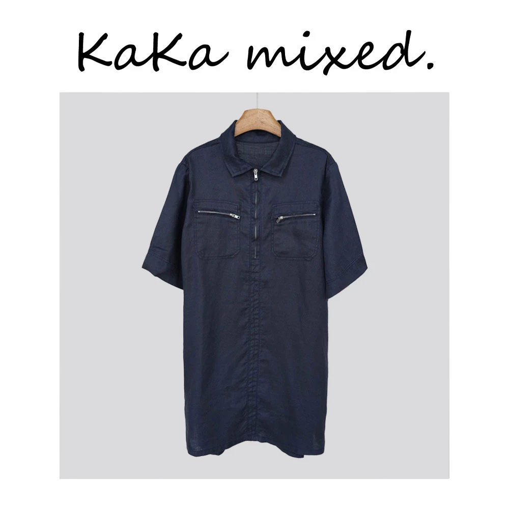 藏青色麻质翻领半长裙-YMY2502018