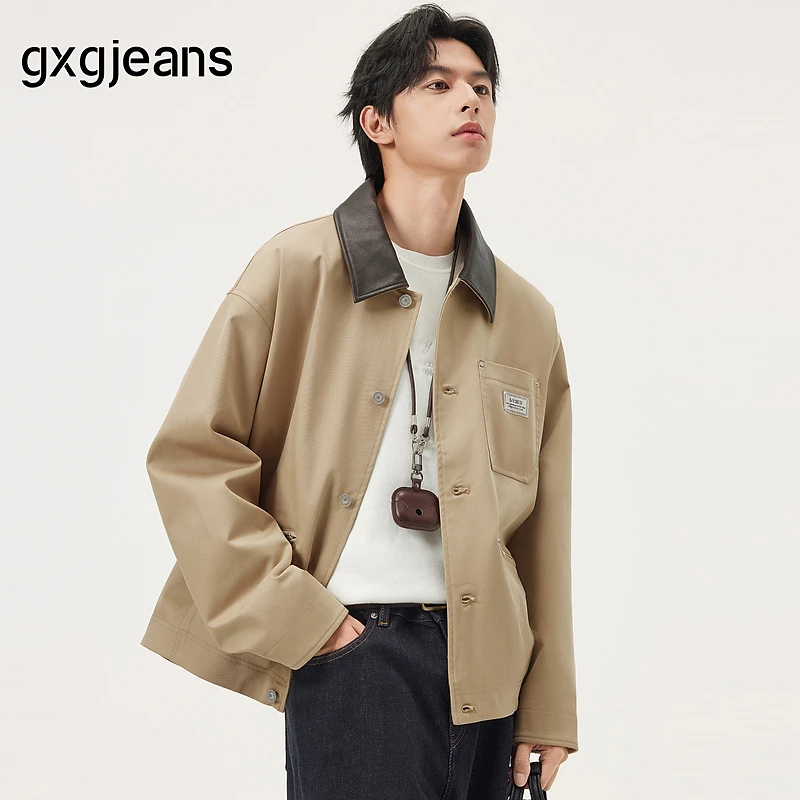gxg.jeans男装 卡其色工装撞色领口宽松翻领夹克外套男 25秋新品